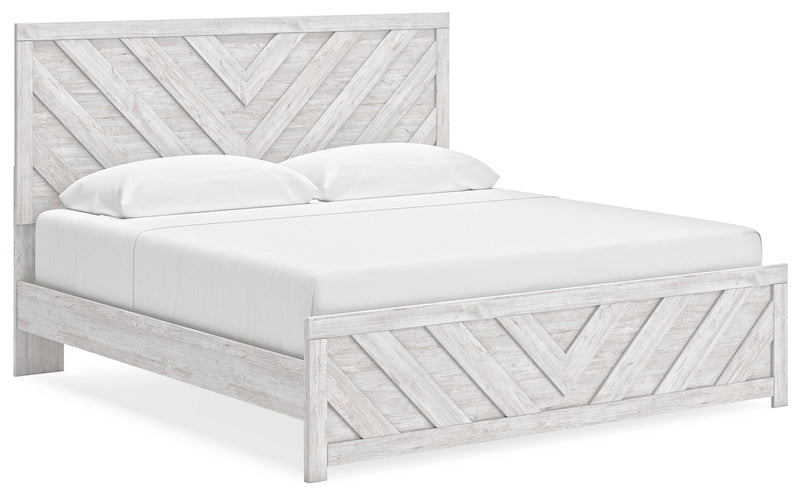 Cayboni King Panel Bed with Mirrored Dresser in Whitewash - PKG019173