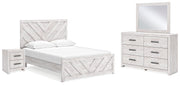 Cayboni Queen Panel Bed with Mirrored Dresser and Nightstand in Whitewash - PKG016694