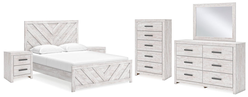Cayboni Queen Panel Bed with Mirrored Dresser, Chest and 2 Nightstands in Whitewash - PKG016693