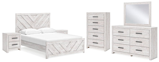 Cayboni Queen Panel Bed with Mirrored Dresser, Chest and 2 Nightstands in Whitewash - PKG016693