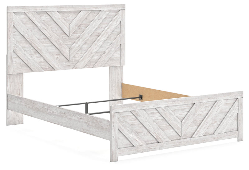Cayboni Queen Panel Bed with Mirrored Dresser in Whitewash - PKG016689