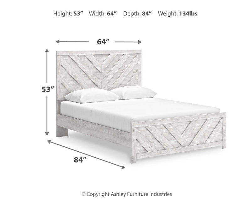 Cayboni Queen Panel Bed with Mirrored Dresser in Whitewash - PKG016689