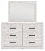 Cayboni Queen Panel Bed with Mirrored Dresser in Whitewash - PKG016689