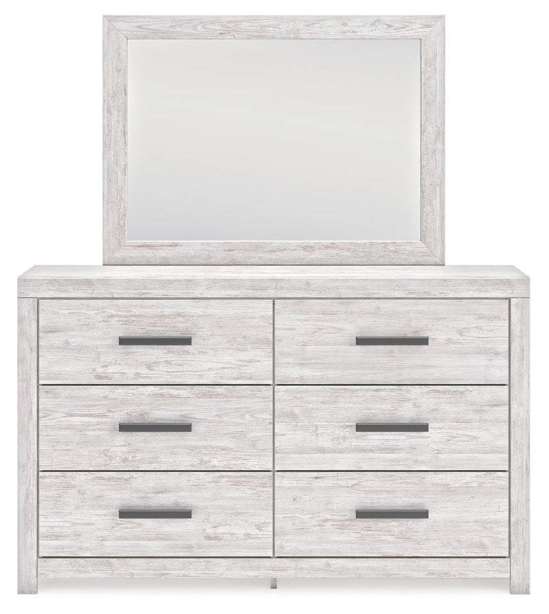 Cayboni Queen Panel Bed with Mirrored Dresser in Whitewash - PKG016689