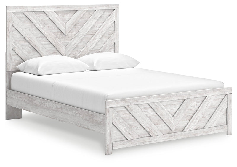 Cayboni Queen Panel Bed with Mirrored Dresser in Whitewash - PKG016689
