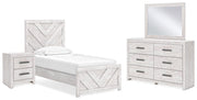 Cayboni Twin Panel Bed with Mirrored Dresser and Nightstand in Whitewash - PKG019167