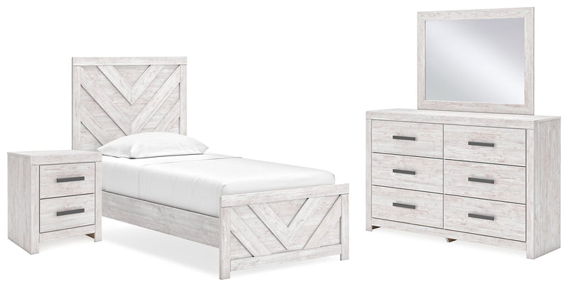 Cayboni Twin Panel Bed with Mirrored Dresser and Nightstand in Whitewash - PKG019167
