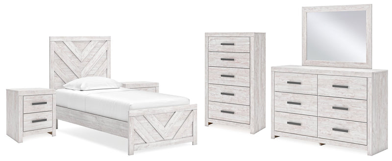 Cayboni Twin Panel Bed with Mirrored Dresser, Chest and 2 Nightstands in Whitewash - PKG019166