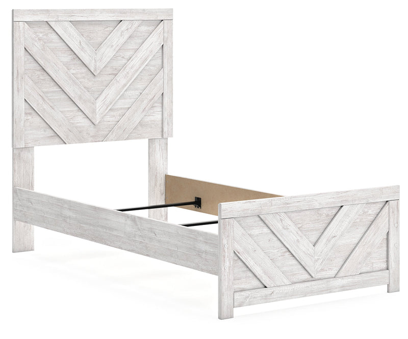 Cayboni Twin Panel Bed with Mirrored Dresser in Whitewash - PKG019164