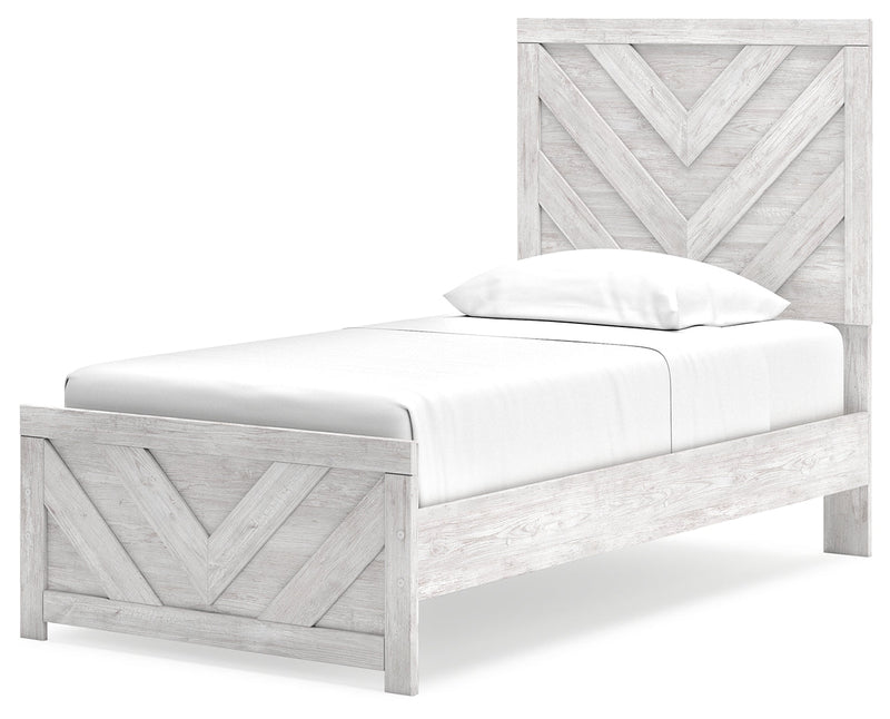 Cayboni Twin Panel Bed with Mirrored Dresser in Whitewash - PKG019164
