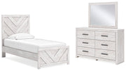 Cayboni Twin Panel Bed with Mirrored Dresser in Whitewash - PKG019164