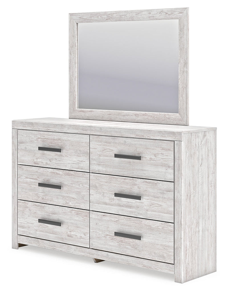 Cayboni Twin Panel Bed with Mirrored Dresser in Whitewash - PKG019164