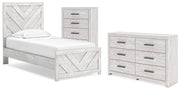 Cayboni Whitewash Twin Panel Bed, Dresser and Chest - B3788B11