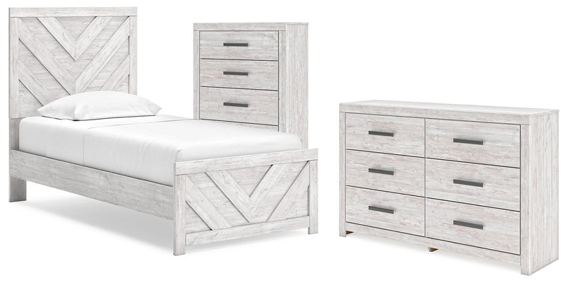 Cayboni Whitewash Twin Panel Bed, Dresser and Chest - B3788B11