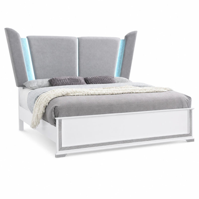 Cedar - White Panel King Bed with Upholstered Headboard, Bluetooth Speaker and LED Light - B270-K-Bed