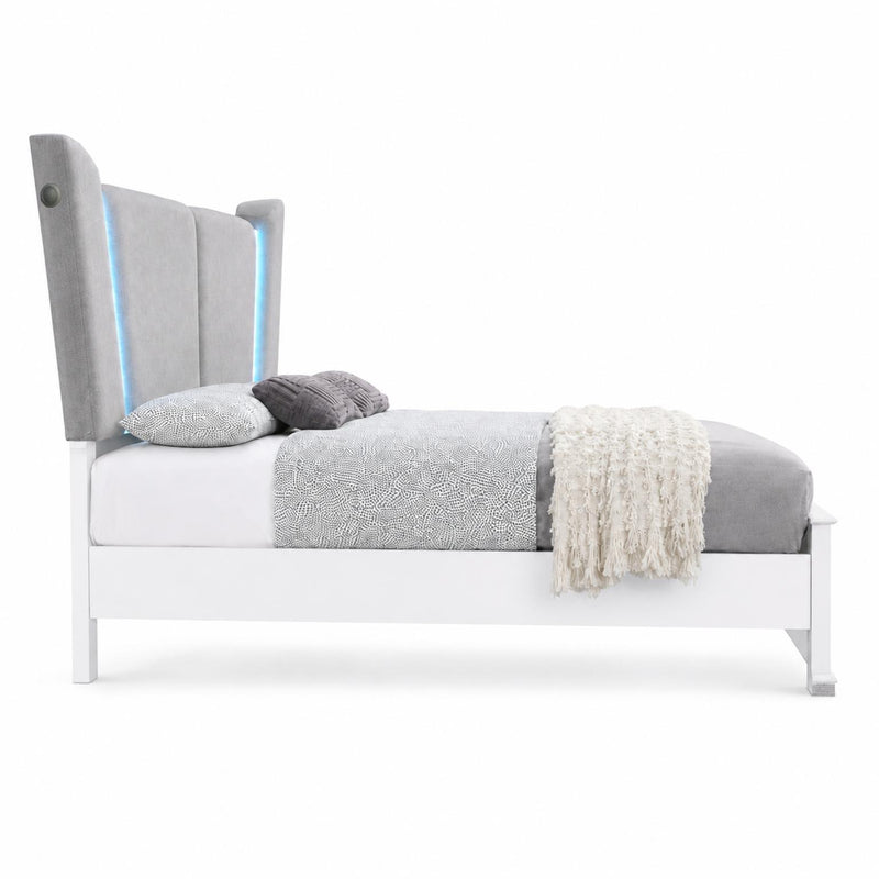 Cedar - White Panel Queen Bed with Upholstered Headboard, Bluetooth Speaker and LED Light - B270-Q-Bed