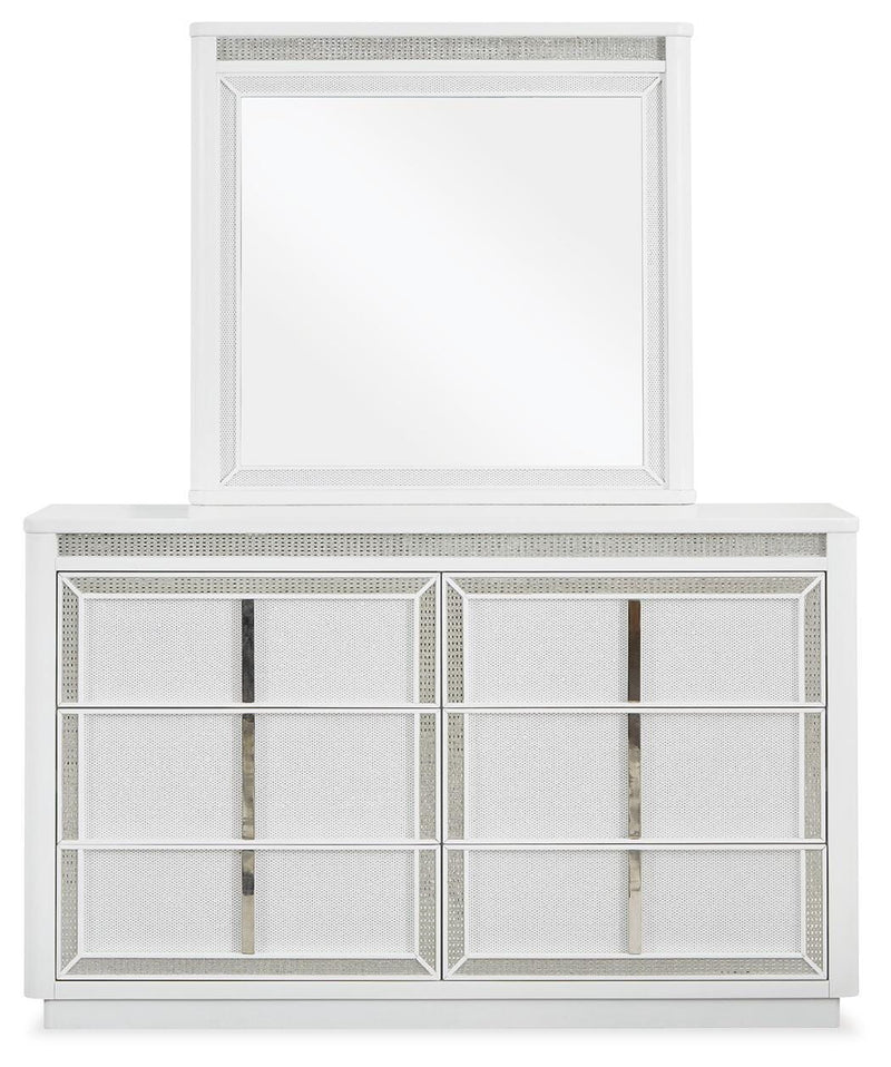 Chalanna California King Upholstered Storage Bed, Dresser and Mirror in White - PKG021894