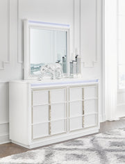 Chalanna California King Upholstered Storage Bed, Dresser and Mirror in White - PKG021894