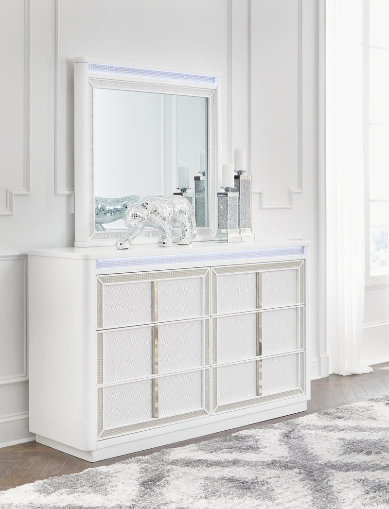 Chalanna California King Upholstered Storage Bed, Dresser and Mirror in White - PKG021894