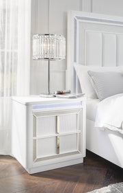 Chalanna California King Upholstered Storage Bed, Dresser and Mirror in White - PKG021894