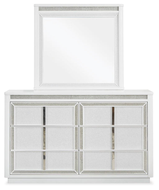 Chalanna California King Upholstered Storage Bed, Dresser and Mirror in White - PKG021894