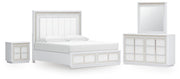 Chalanna California King Upholstered Storage Bed, Dresser and Mirror in White - PKG021894