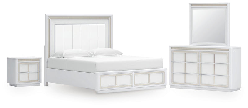 Chalanna California King Upholstered Storage Bed, Dresser and Mirror in White - PKG021894
