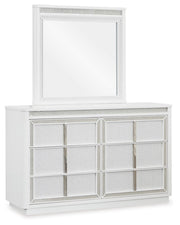 Chalanna California King Upholstered Storage Bed, Dresser and Mirror in White - PKG021894