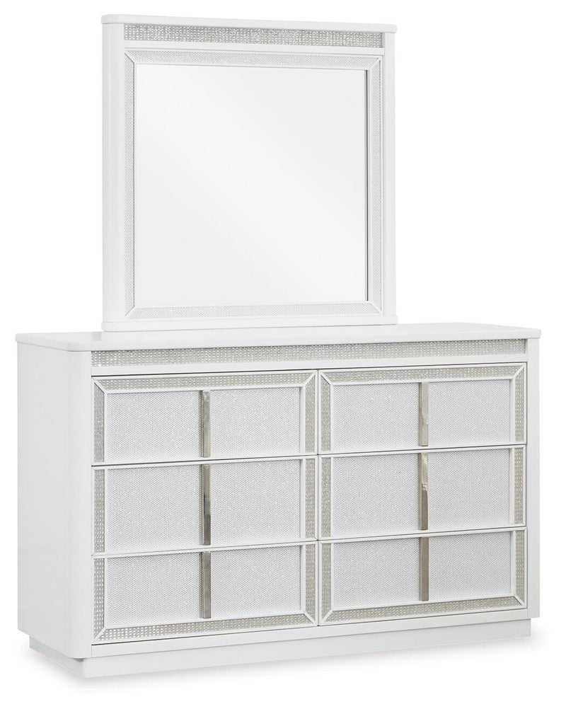 Chalanna California King Upholstered Storage Bed, Dresser and Mirror in White - PKG021894