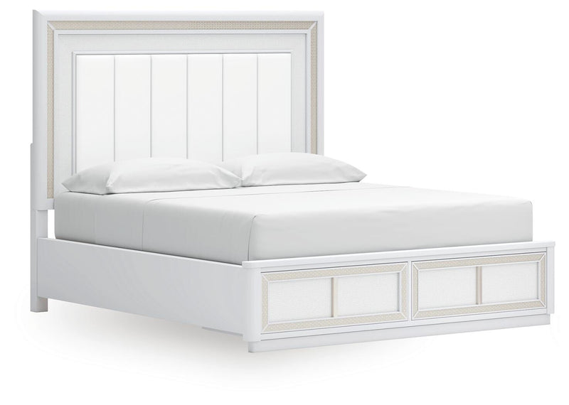 Chalanna California King Upholstered Storage Bed, Dresser and Mirror in White - PKG021894