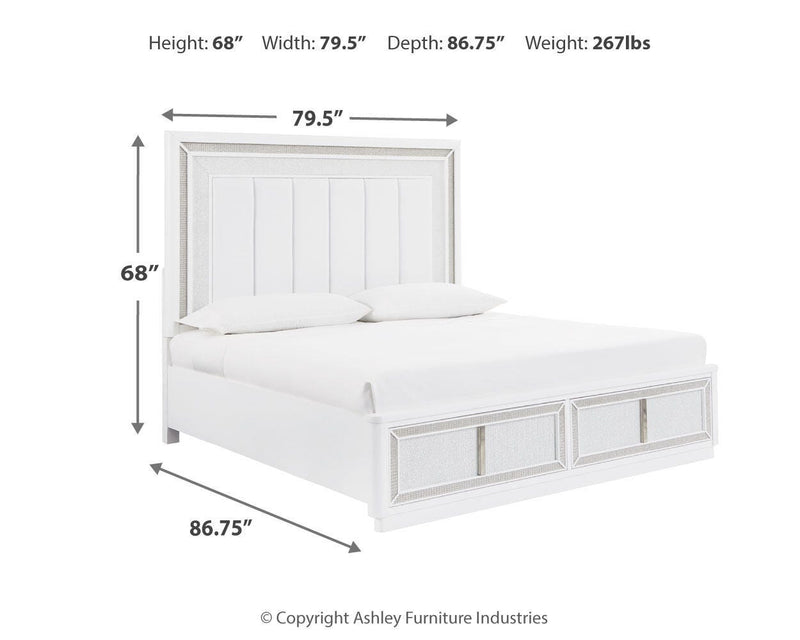 Chalanna California King Upholstered Storage Bed, Dresser and Mirror in White - PKG021894
