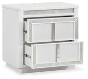 Chalanna California King Upholstered Storage Bed, Dresser and Mirror in White - PKG021894