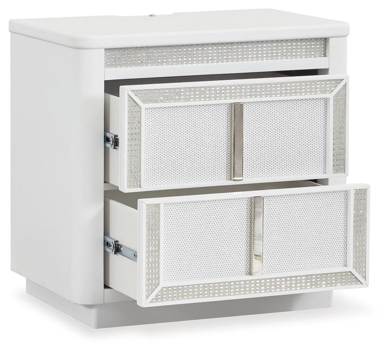 Chalanna California King Upholstered Storage Bed, Dresser and Mirror in White - PKG021894