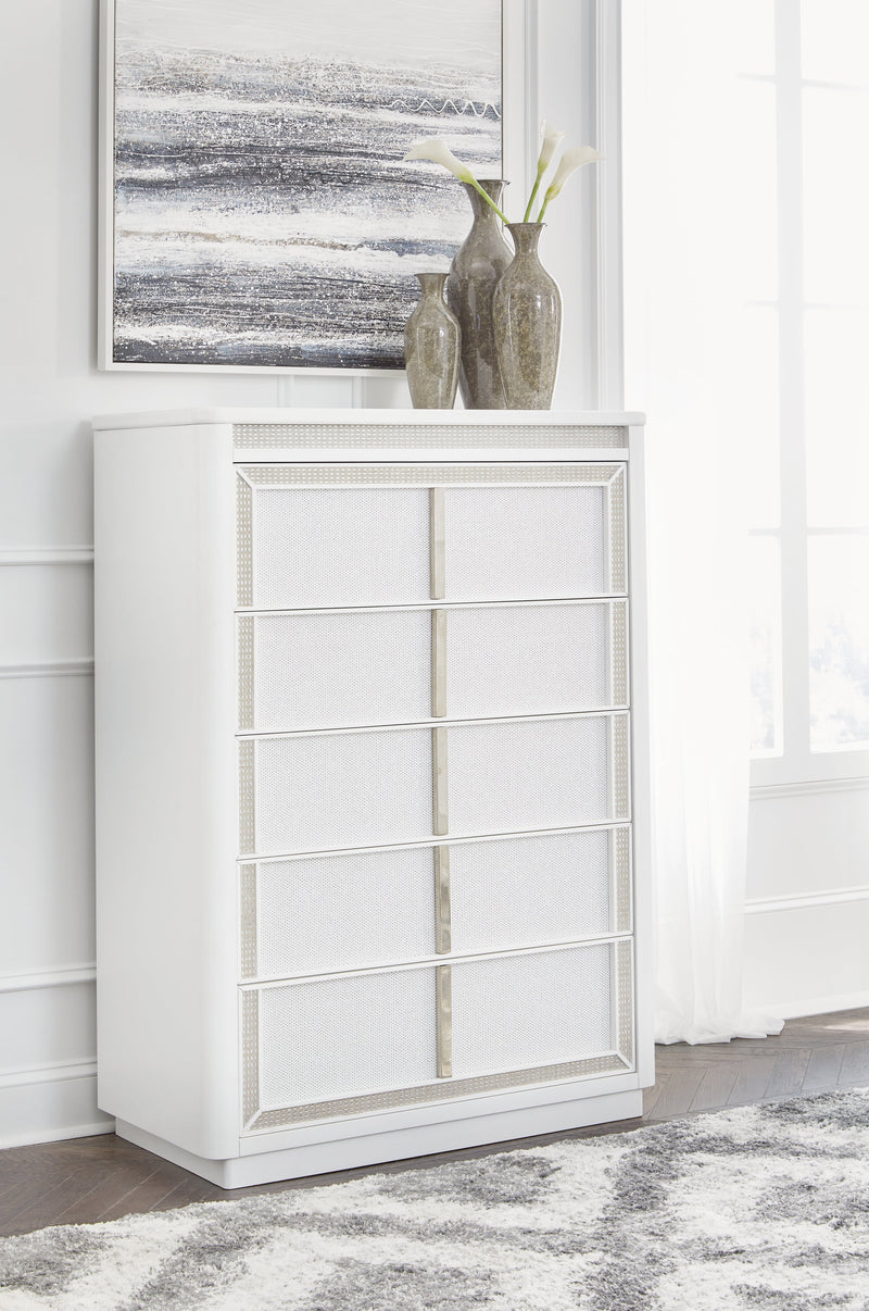 Chalanna California King Upholstered Storage Bed with Mirrored Dresser and Chest in White from Ashley - Luna Furniture