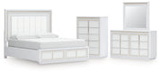Chalanna California King Upholstered Storage Bed with Mirrored Dresser and Chest in White from Ashley - Luna Furniture