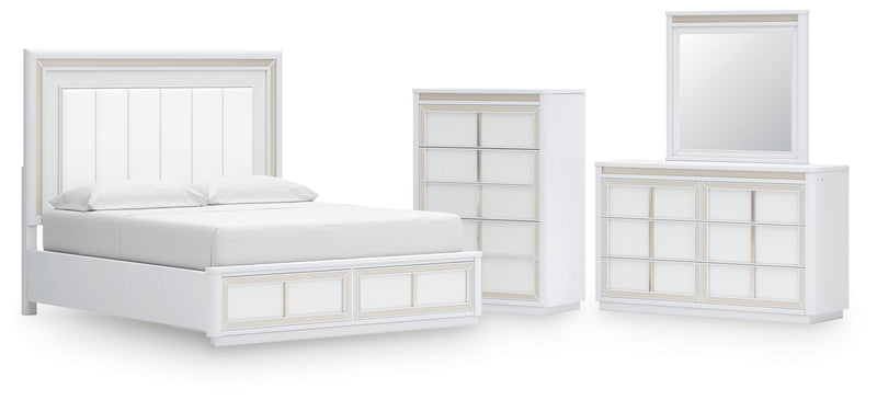 Chalanna California King Upholstered Storage Bed with Mirrored Dresser and Chest in White from Ashley - Luna Furniture