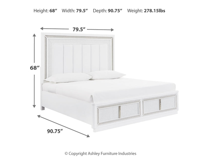Chalanna California King Upholstered Storage Bed with Mirrored Dresser, Chest and Nightstand in White from Ashley - Luna Furniture