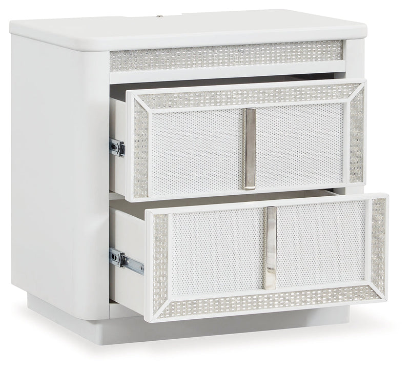 Chalanna California King Upholstered Storage Bed with Mirrored Dresser, Chest and Nightstand in White from Ashley - Luna Furniture