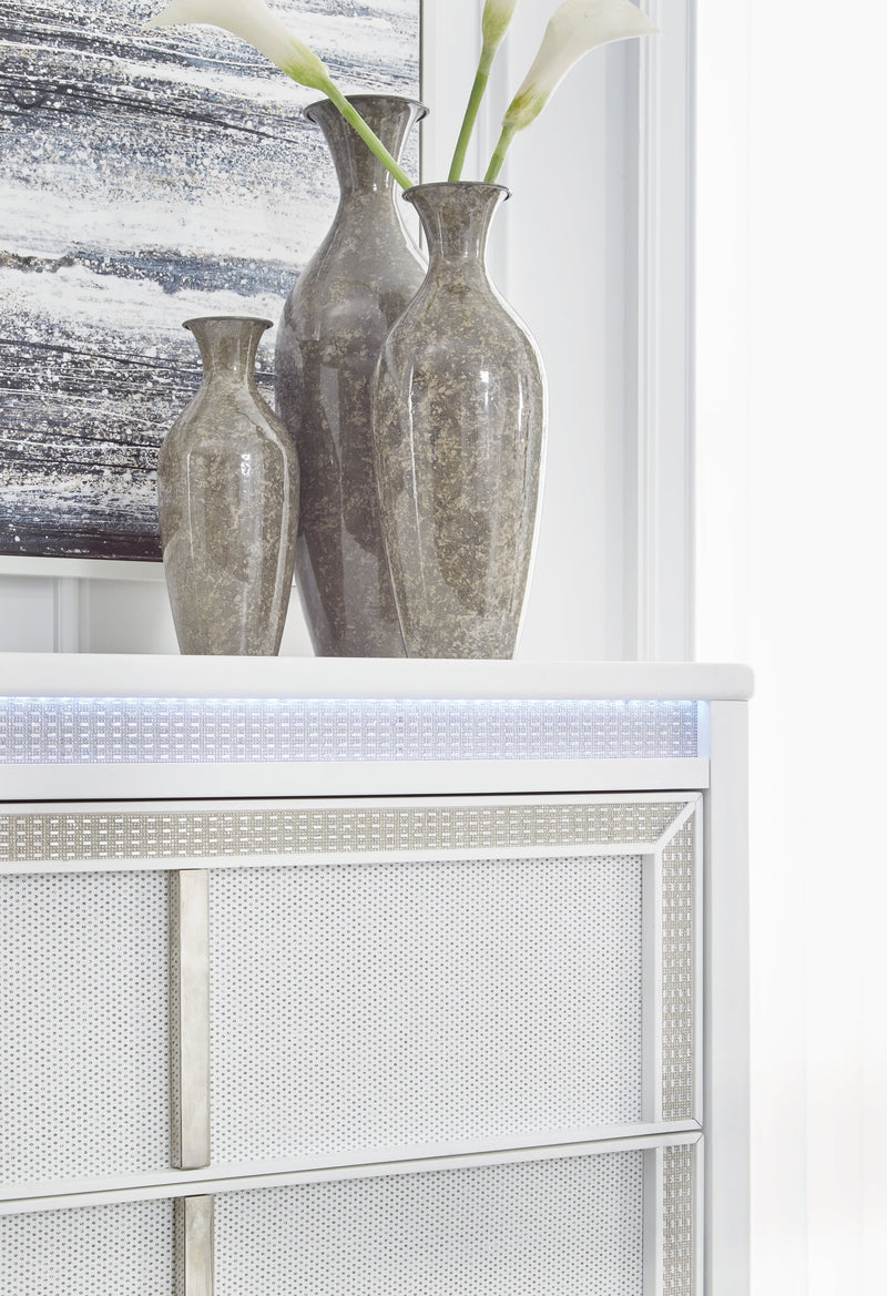 Chalanna California King Upholstered Storage Bed with Mirrored Dresser, Chest and Nightstand in White from Ashley - Luna Furniture