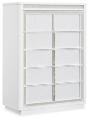Chalanna California King Upholstered Storage Bed with Mirrored Dresser, Chest and Nightstand in White from Ashley - Luna Furniture