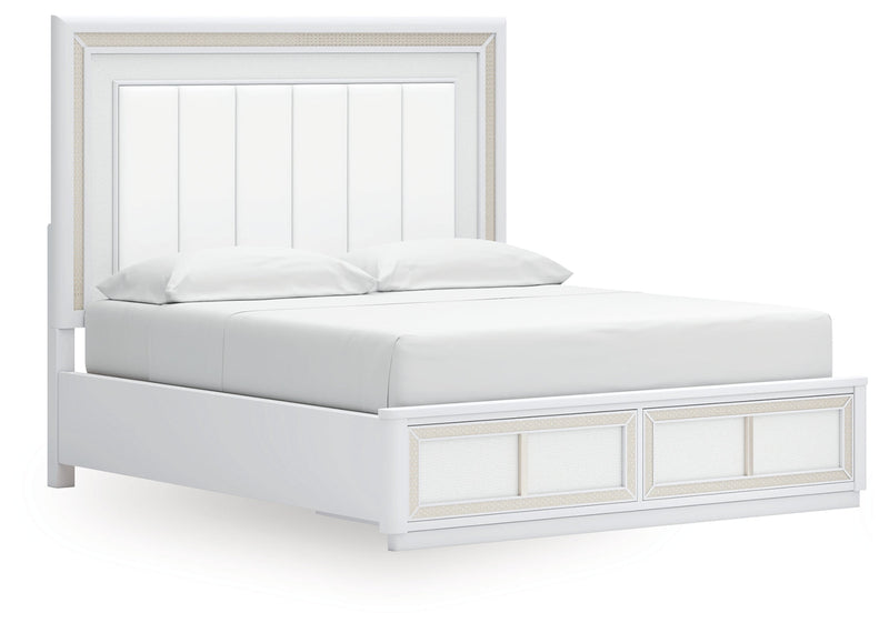 Chalanna King Upholstered Storage Bed with Mirrored Dresser and 2 Nightstands in White from Ashley - Luna Furniture