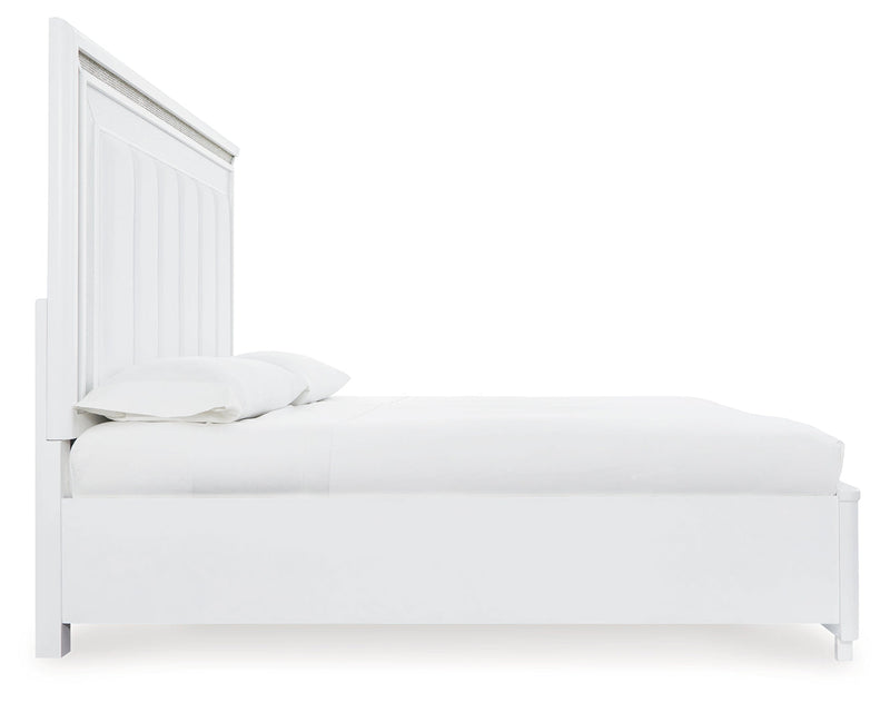 Chalanna King Upholstered Storage Bed with Mirrored Dresser and Chest in White from Ashley - Luna Furniture
