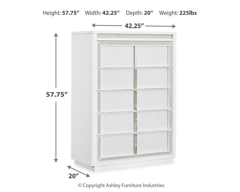 Chalanna King Upholstered Storage Bed with Mirrored Dresser and Chest in White from Ashley - Luna Furniture