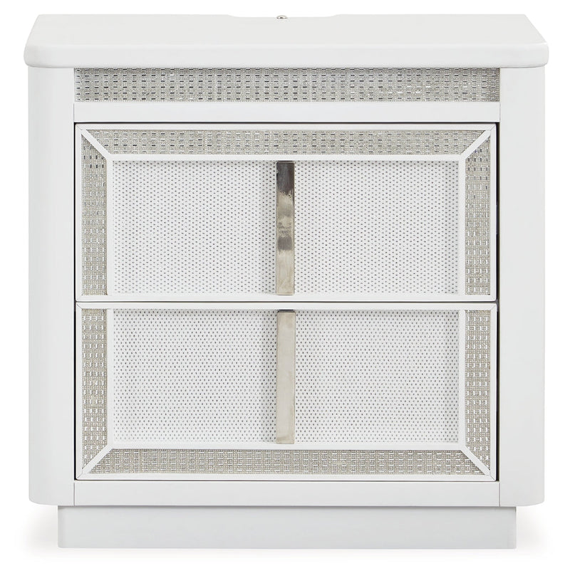 Chalanna King Upholstered Storage Bed with Mirrored Dresser, Chest and 2 Nightstands in White from Ashley - Luna Furniture