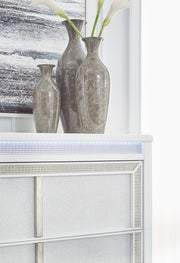 Chalanna King Upholstered Storage Bed with Mirrored Dresser, Chest and 2 Nightstands in White from Ashley - Luna Furniture