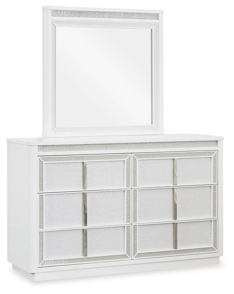 Chalanna King Upholstered Storage Bed with Mirrored Dresser, Chest and 2 Nightstands in White from Ashley - Luna Furniture