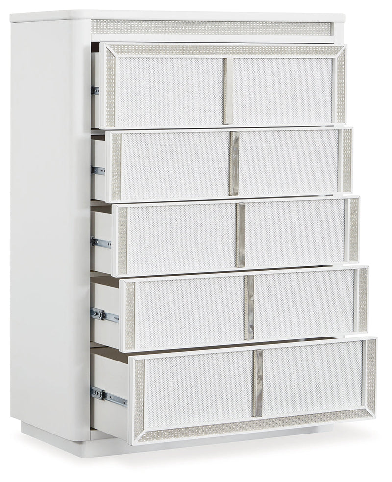 Chalanna King Upholstered Storage Bed with Mirrored Dresser, Chest and 2 Nightstands in White from Ashley - Luna Furniture