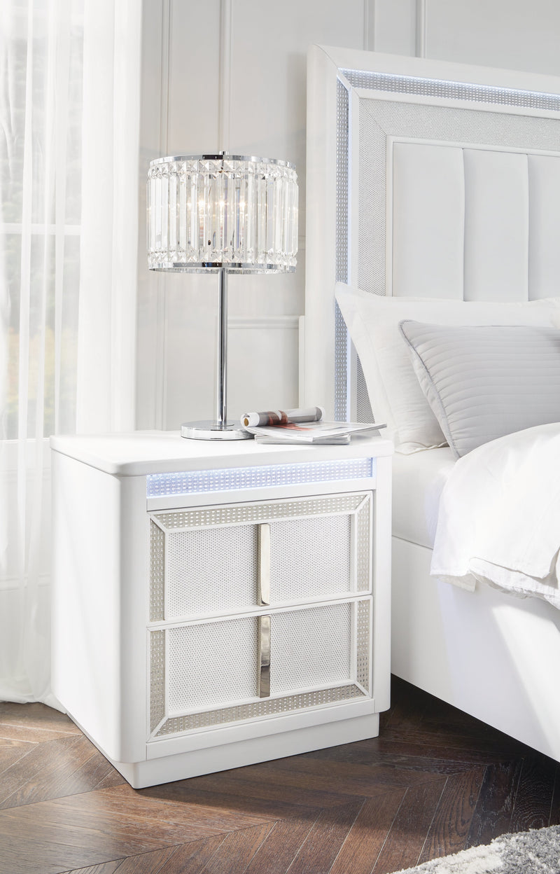 Chalanna King Upholstered Storage Bed with Mirrored Dresser, Chest and Nightstand in White from Ashley - Luna Furniture