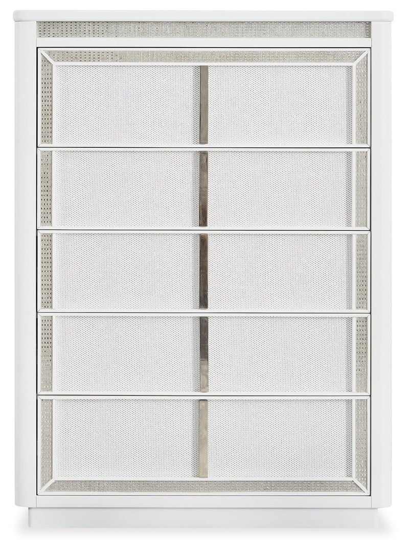 Chalanna King Upholstered Storage Bed with Mirrored Dresser, Chest and Nightstand in White from Ashley - Luna Furniture