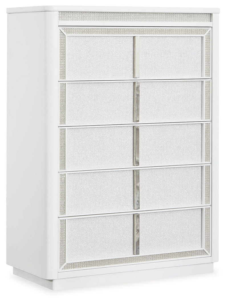 Chalanna King Upholstered Storage Bed with Mirrored Dresser, Chest and Nightstand in White from Ashley - Luna Furniture